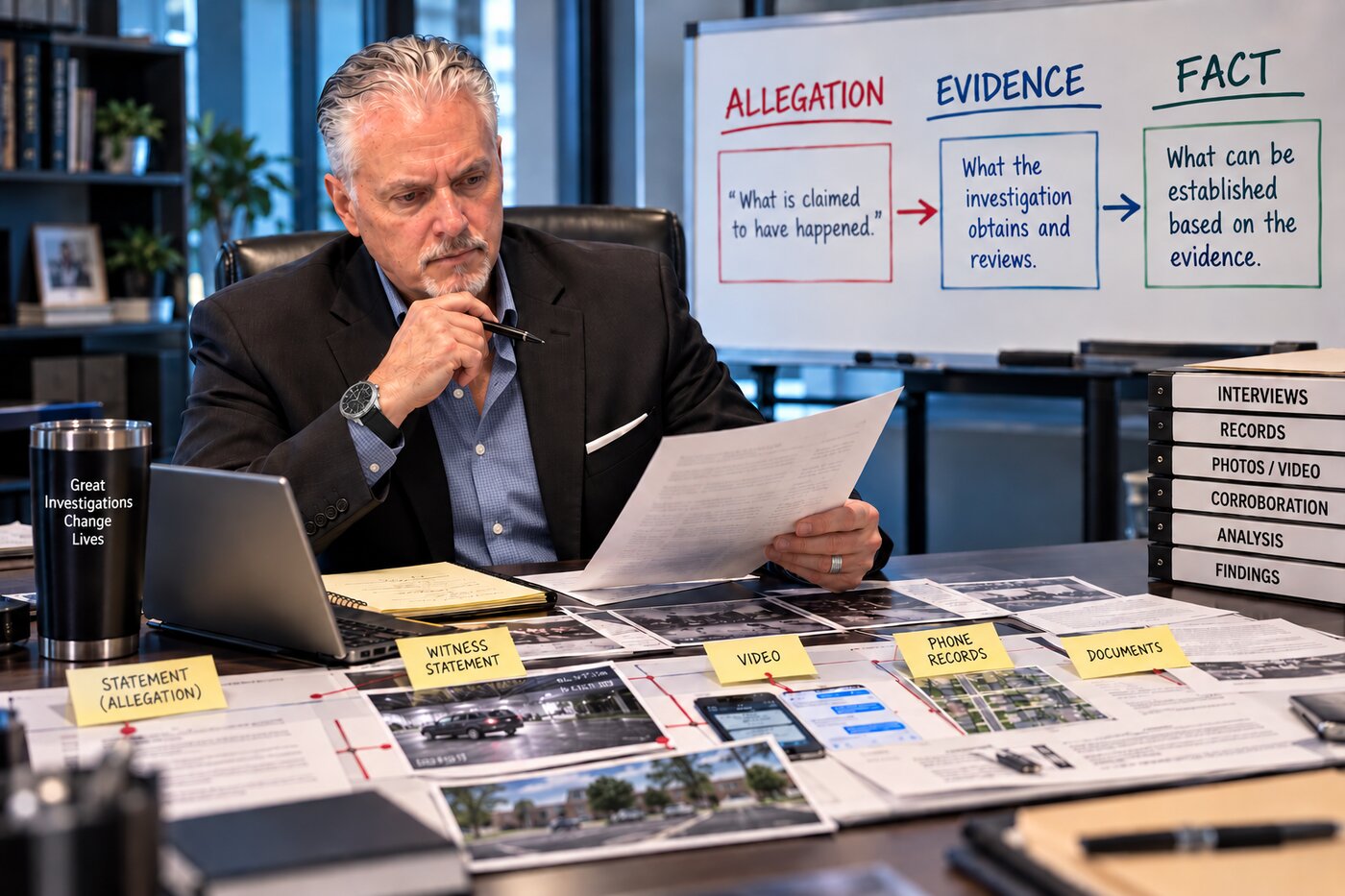 An investigator reviewing evidence against an allegation, evidence, and fact whiteboard