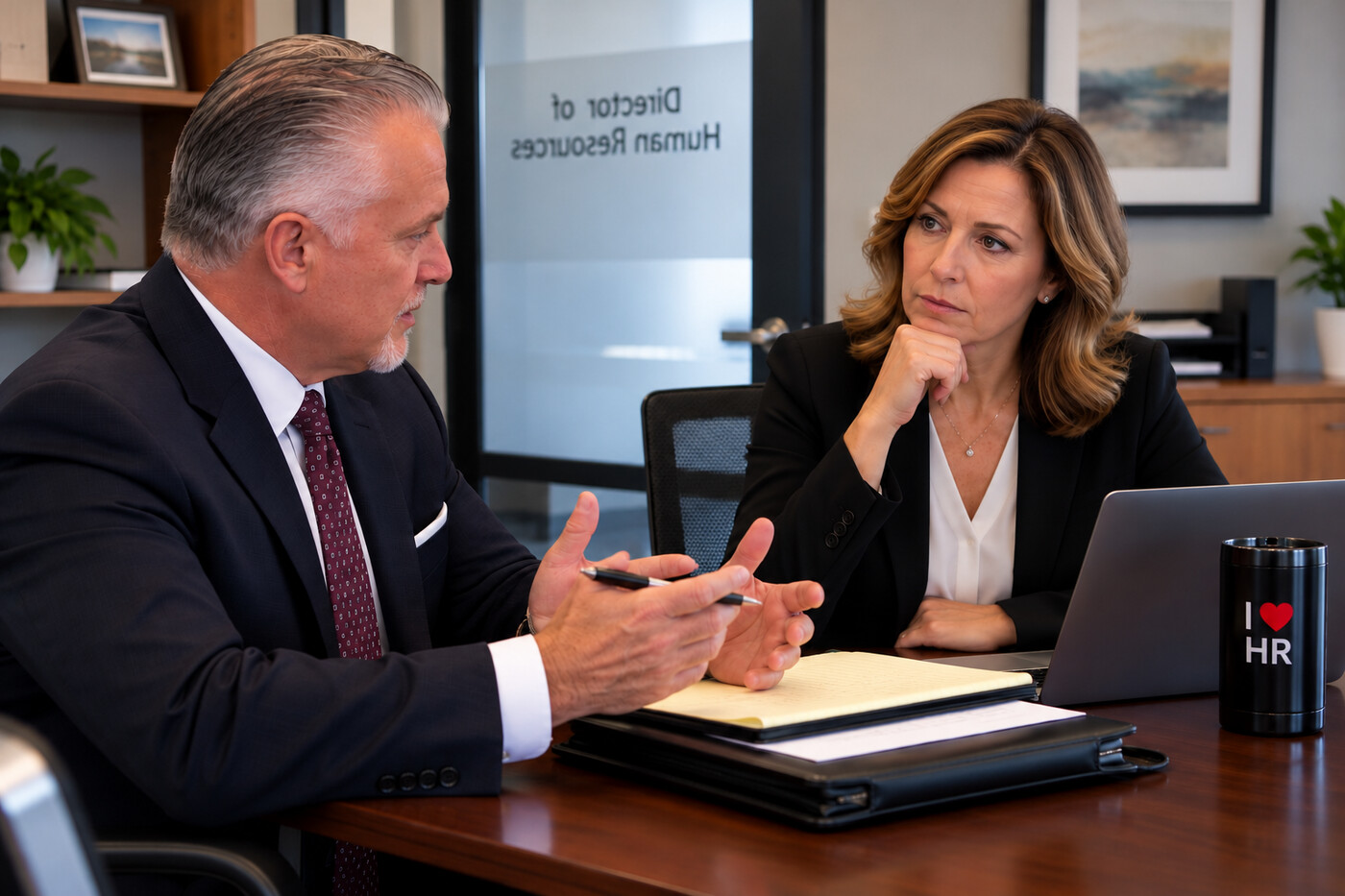 An HR director meeting with a colleague in an office